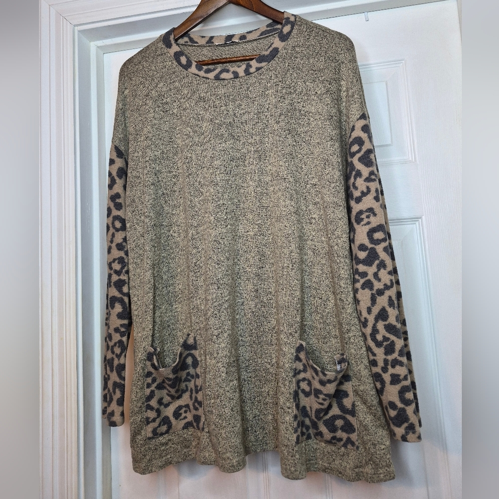 JODIFL Tan Sweater with Leopard Trim